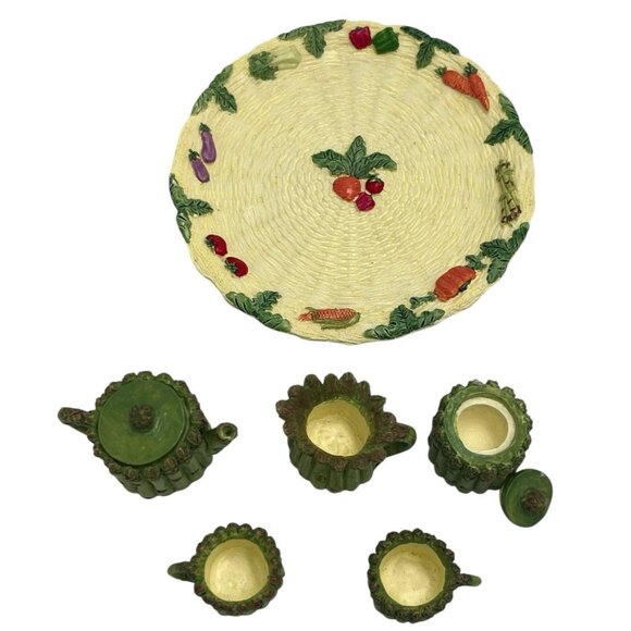 Vtg 90s Miniature Resin Asparagus Tea Set w/ Plate Mini Garden Cottage Dollhouse - Picture 6 of 12